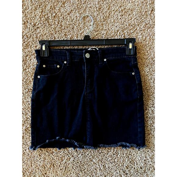Canton Walker Black Denim Distressed Hem Jean Mini Skirt XS Festival Western - Picture 1 of 9